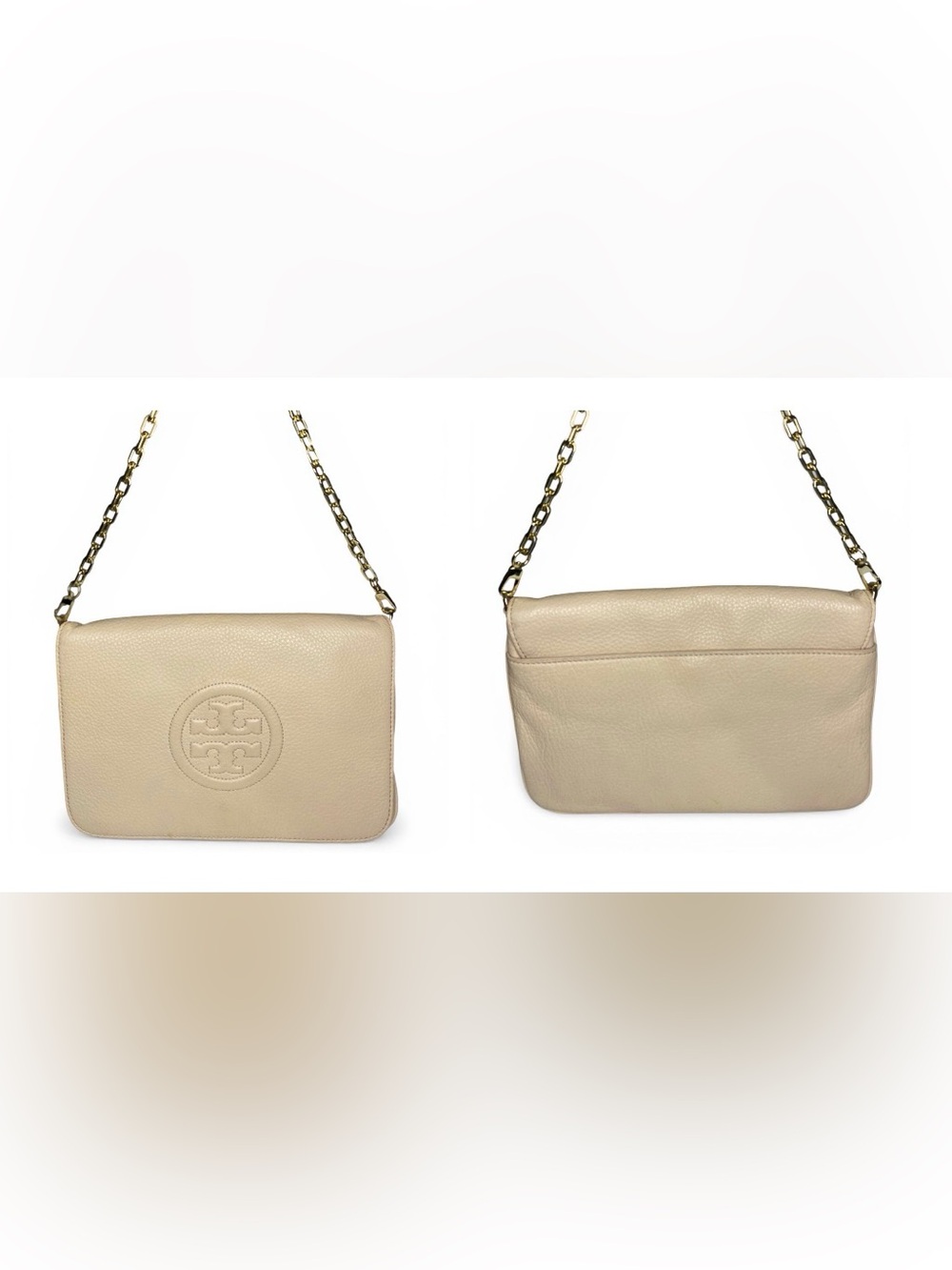 Tory Burch Cream Pebbled Leather Crossbody with Gold Chain